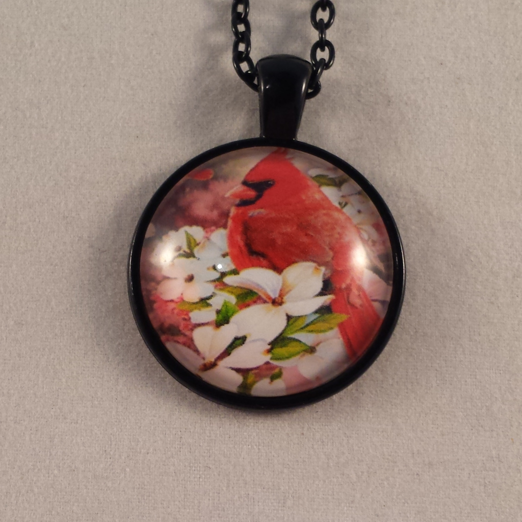 Cardinal Bird Cabochon Pendant Black Chain Necklac 20$